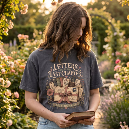 Person wearing the Letters From the Last Chapter book club design on a Pepper Comfort Colors T-shirt while holding a book in a garden.