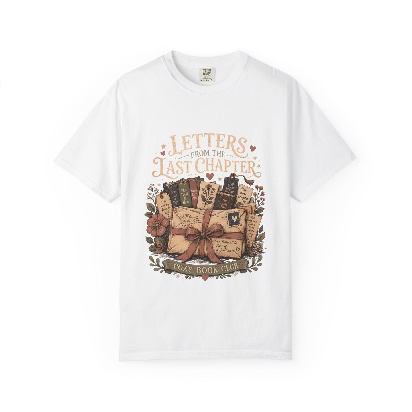 Front view of the Letters From the Last Chapter book club illustration printed on a White Comfort Colors T-shirt. 