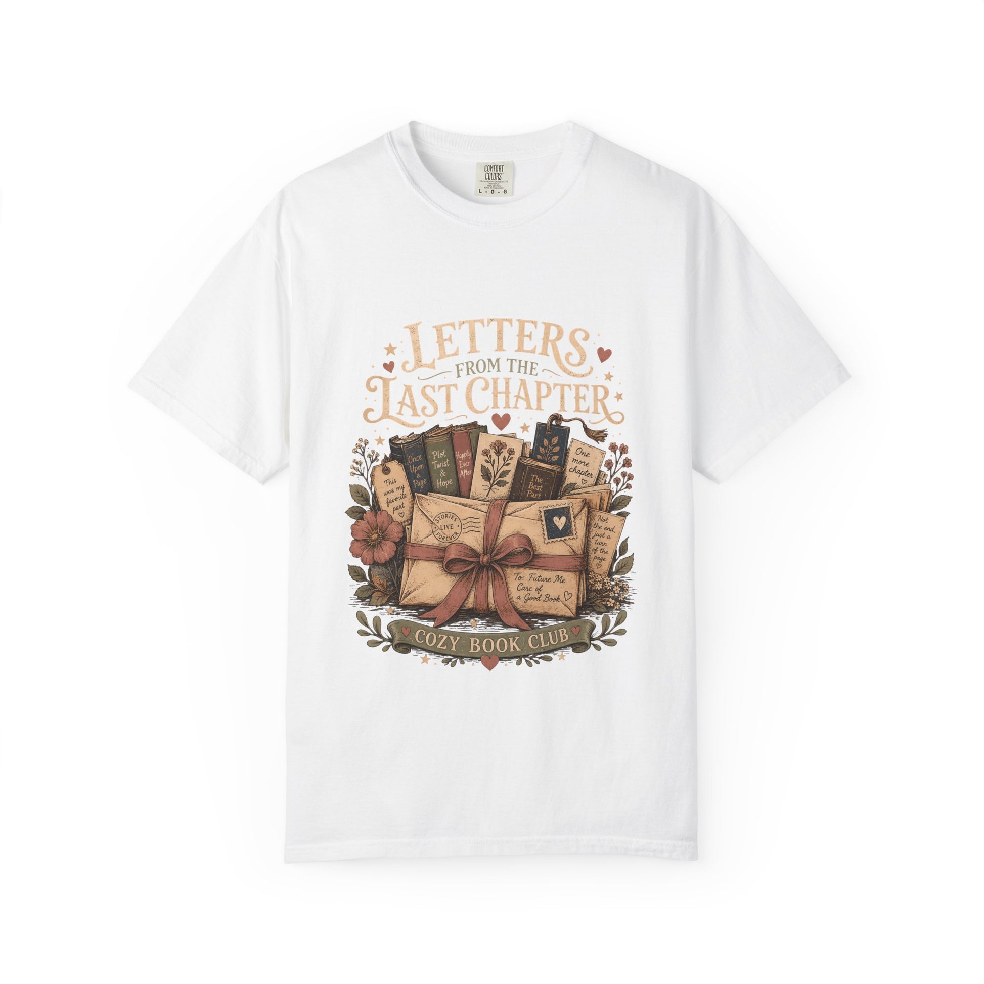 Front view of the Letters From the Last Chapter book club illustration printed on a White Comfort Colors T-shirt. 