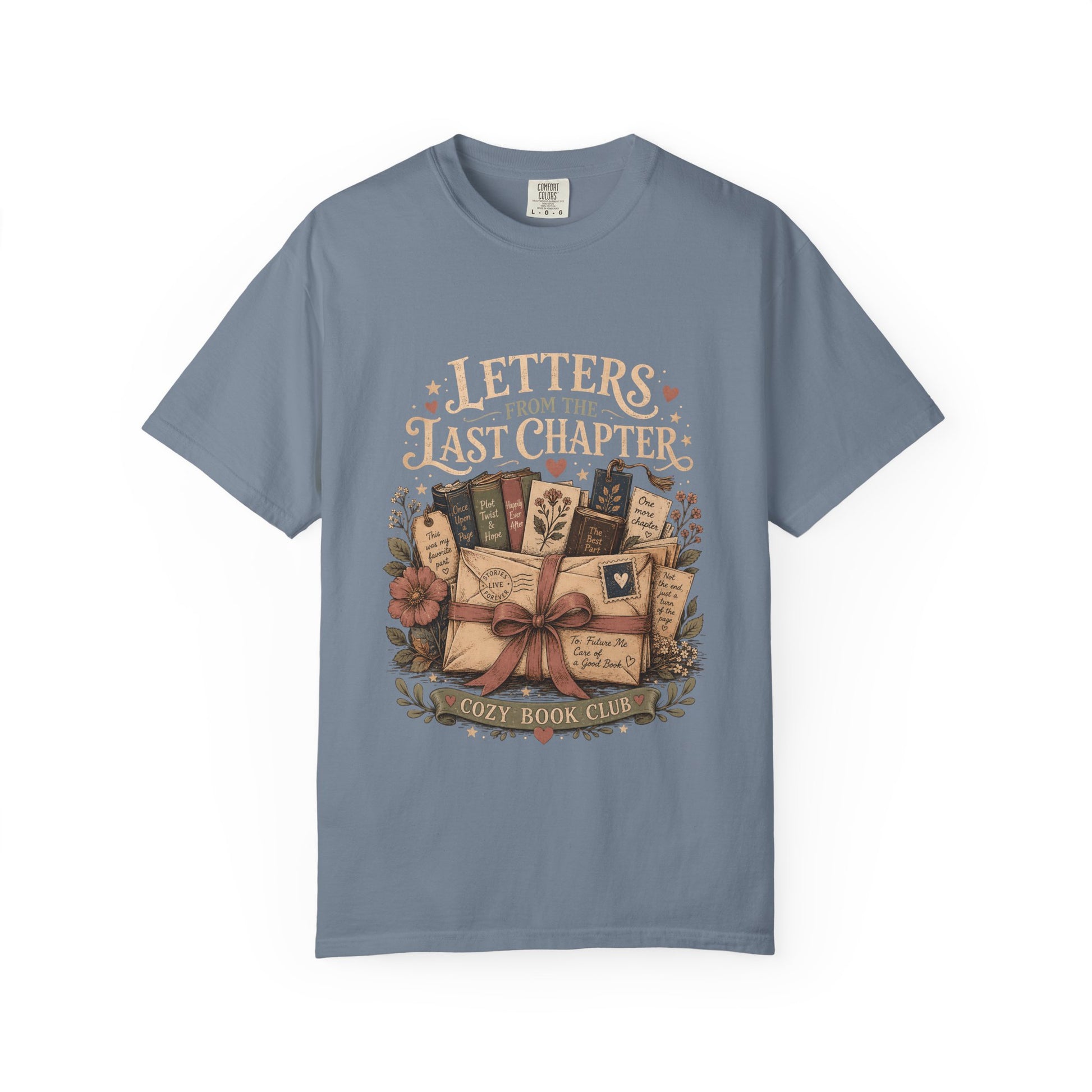 Letters From the Last Chapter book lover T-shirt in Blue Jean with books, letters, bookmarks and floral artwork
