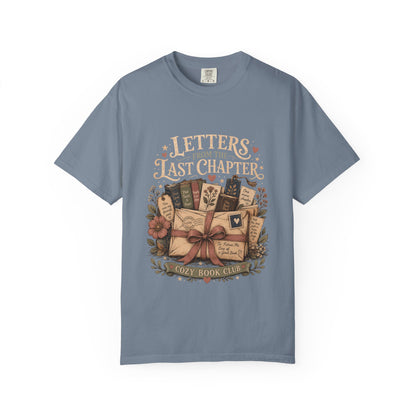 Letters From the Last Chapter book lover T-shirt in Blue Jean with books, letters, bookmarks and floral artwork