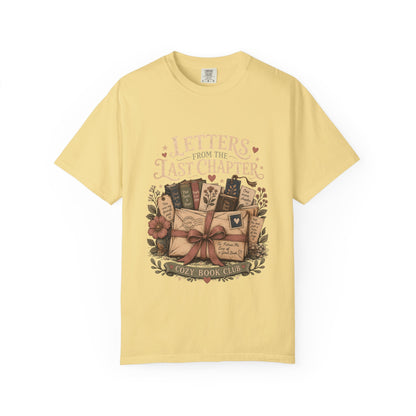 Letters From the Last Chapter book lover T-shirt in Butter with books, letters, bookmarks and floral artwork