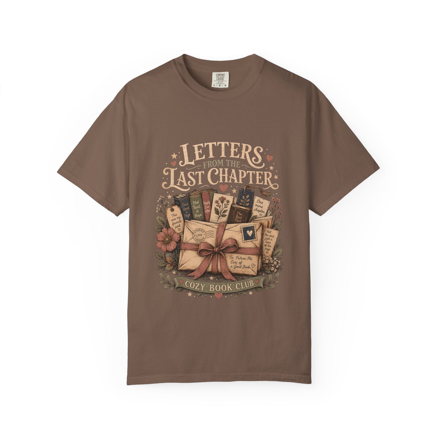 Letters From the Last Chapter book lover T-shirt in Espresso with books, letters, bookmarks and floral artwork