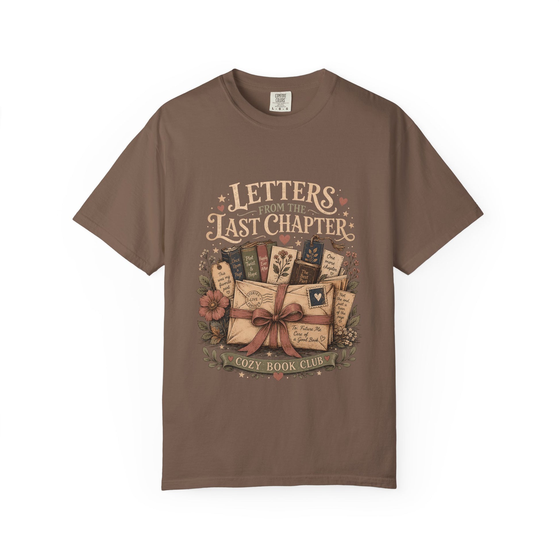 Letters From the Last Chapter book lover T-shirt in Espresso with books, letters, bookmarks and floral artwork
