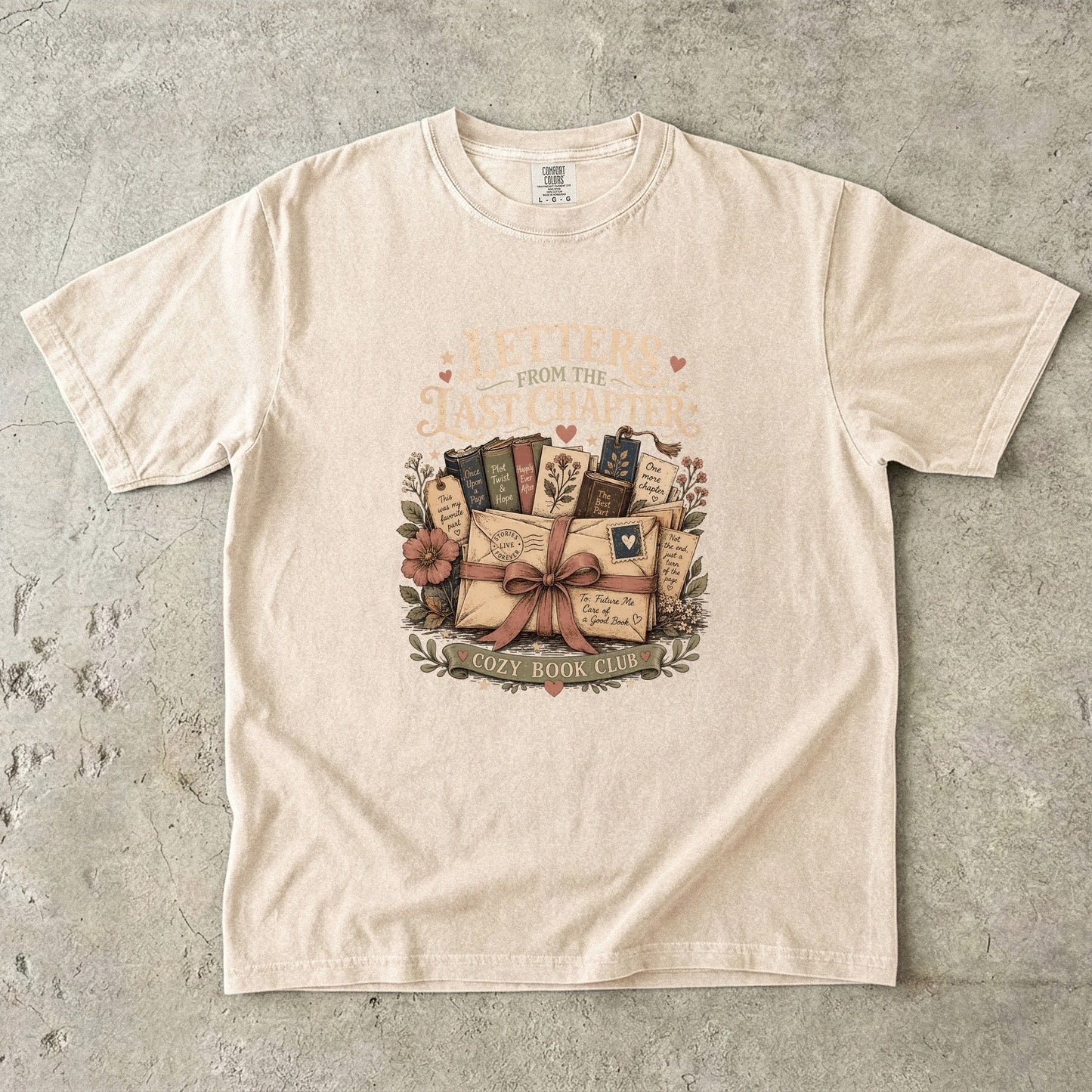 Letters From the Last Chapter book lover T-shirt in Ivory with books, letters, bookmarks and floral artwork
