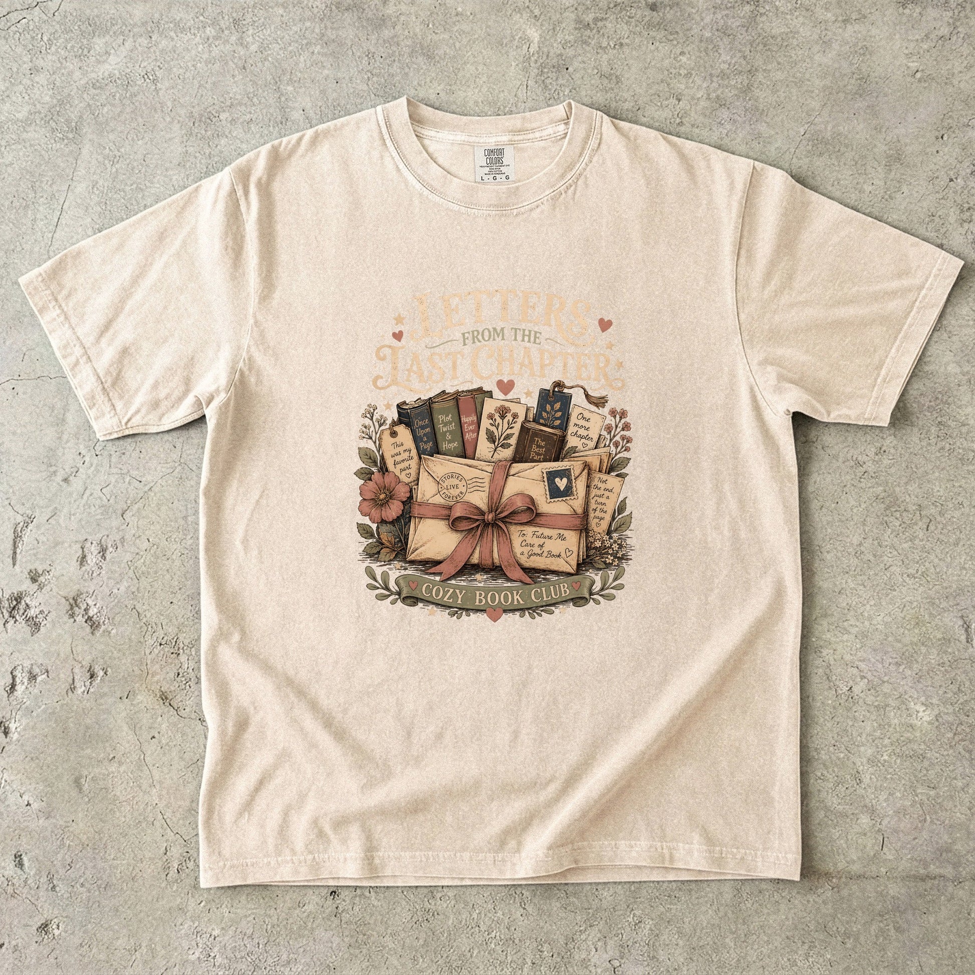 Letters From the Last Chapter book lover T-shirt in Ivory with books, letters, bookmarks and floral artwork