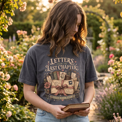 Letters From the Last Chapter book lover T-shirt featuring nostalgic books, letters, bookmarks and floral artwork