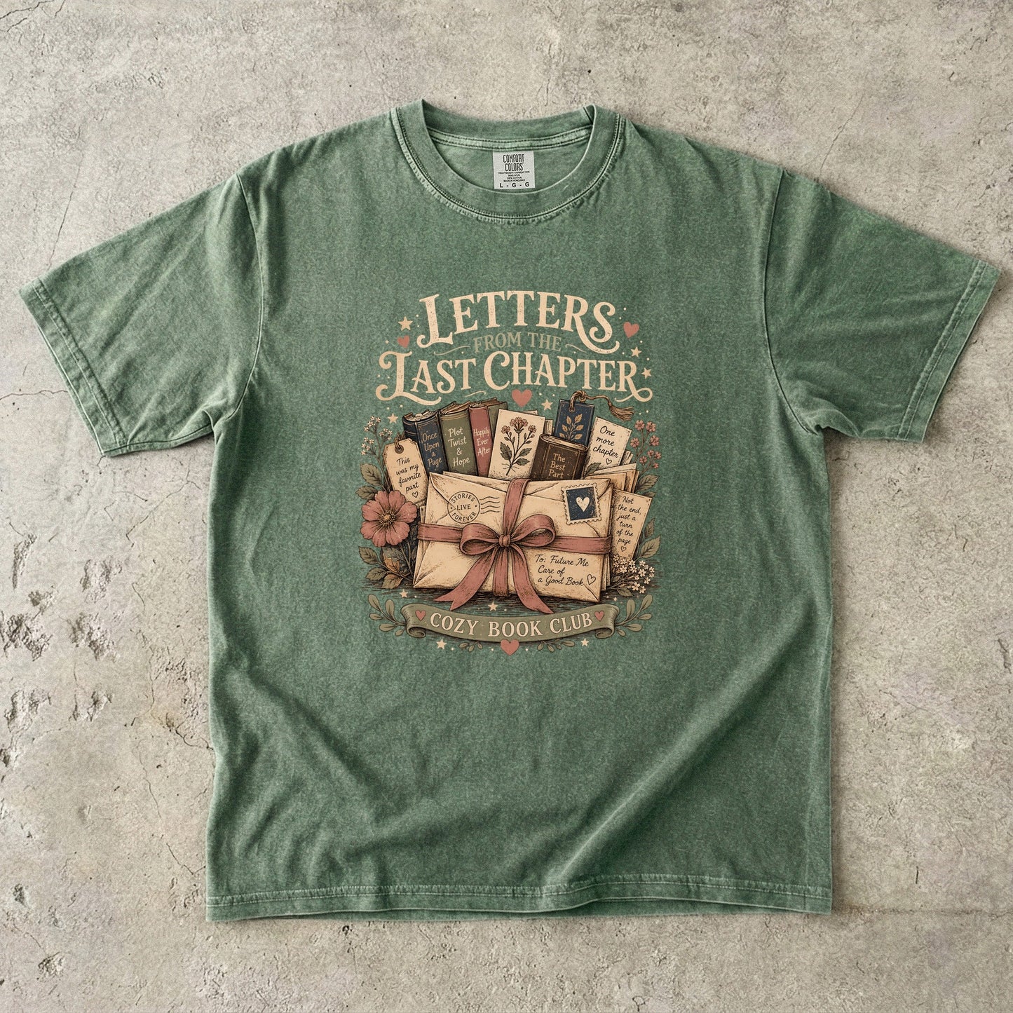Letters From the Last Chapter book lover T-shirt in Moss with books, letters, bookmarks and floral artwork