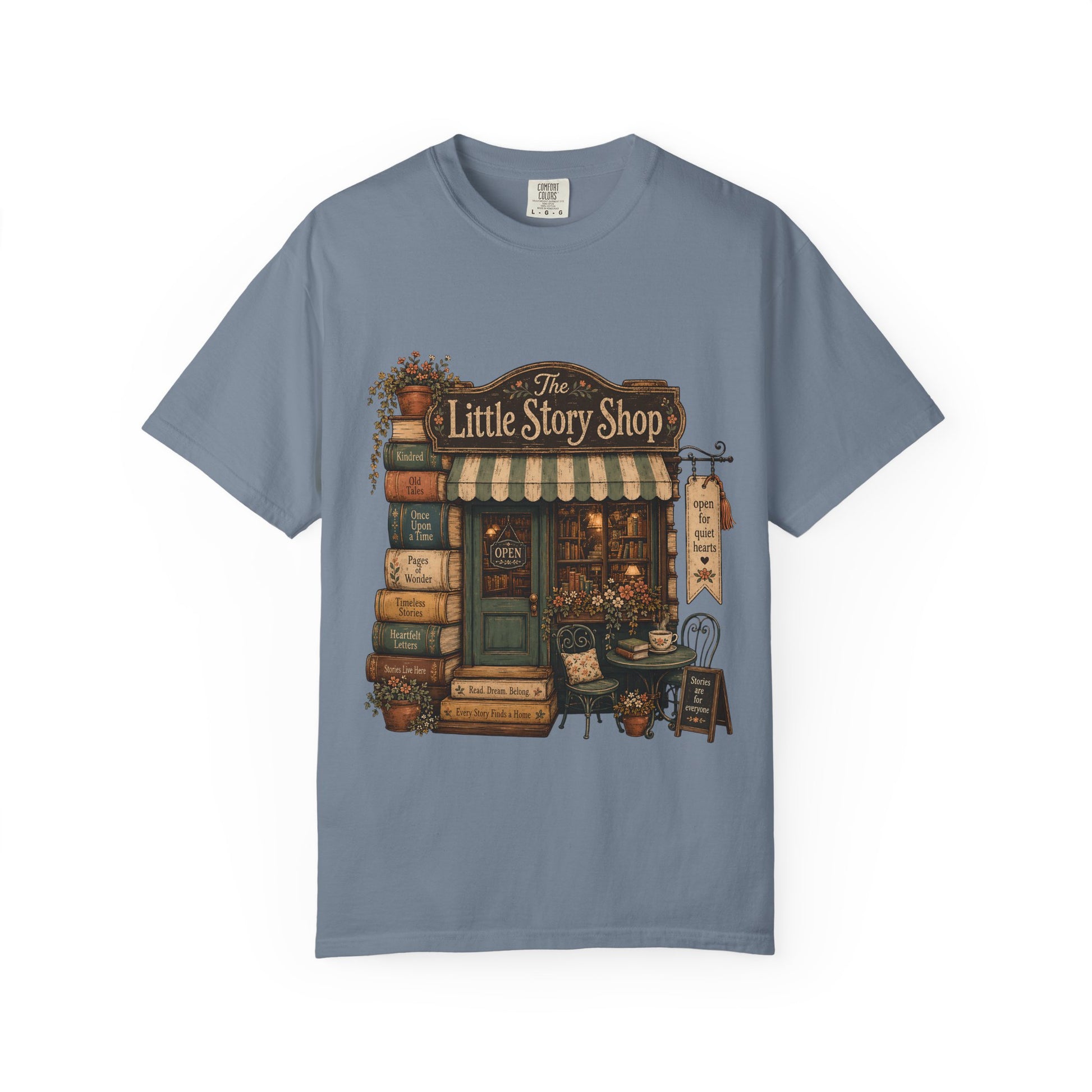 The Little Story Shop bookshop T-shirt with a tiny vintage bookstore, books and flowers on Blue Jean.