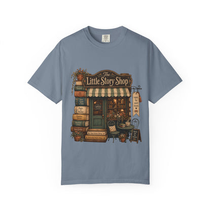 The Little Story Shop bookshop T-shirt with a tiny vintage bookstore, books and flowers on Blue Jean.