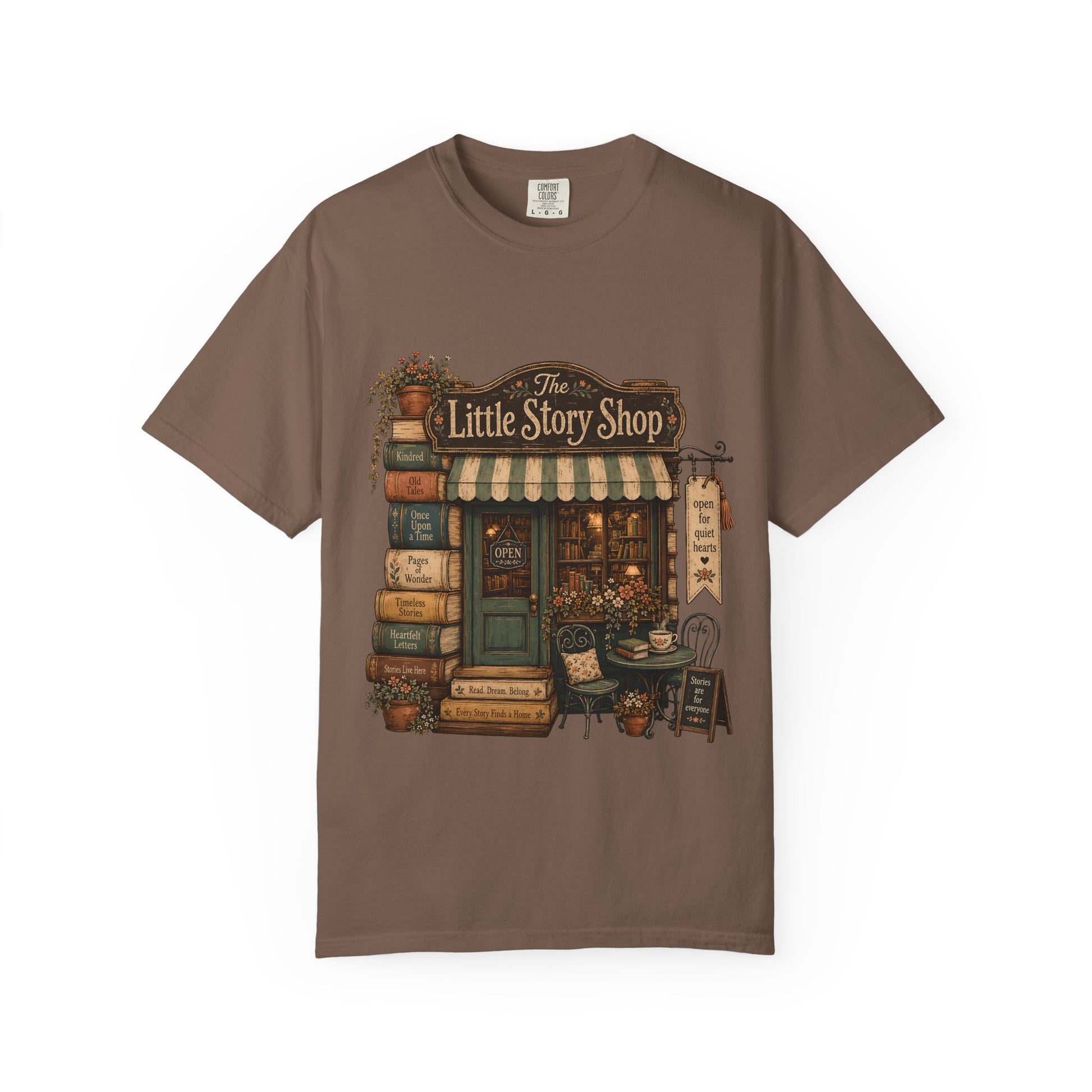 The Little Story Shop bookshop T-shirt with a tiny vintage bookstore, books and flowers on Espresso.