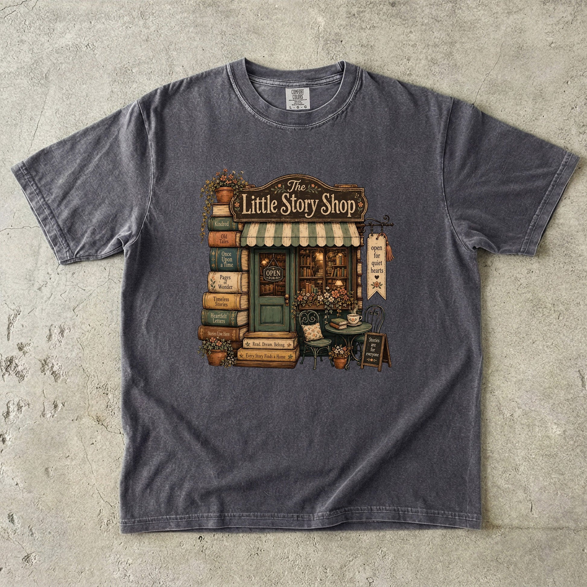 The Little Story Shop bookshop T-shirt with a tiny vintage bookstore, books and flowers on Pepper.
