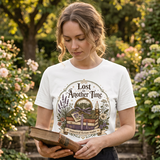 Woman wearing the Lost in Another Time historical fiction reader T-shirt while holding a vintage book in a garden setting.