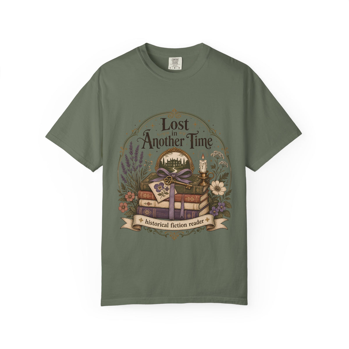 Lost in Another Time historical fiction reader T-shirt in Moss, featuring vintage books, an antique key, candle, flowers and a country house.