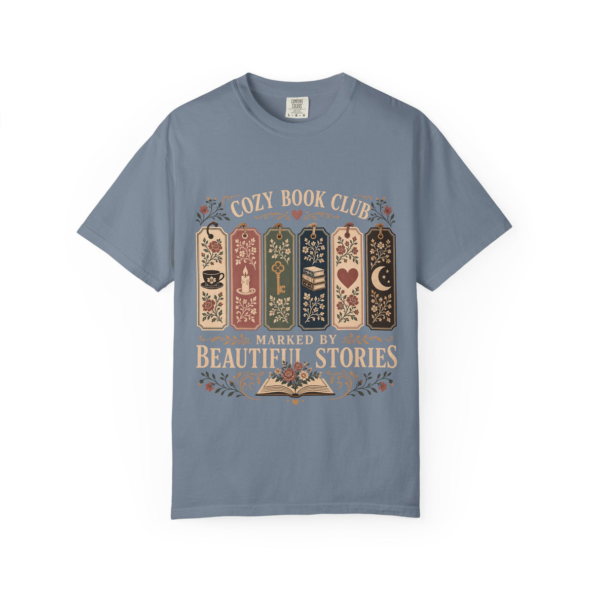 Marked by Beautiful Stories book club T-shirt in Blue Jean featuring floral bookmarks, books and vintage reading motifs