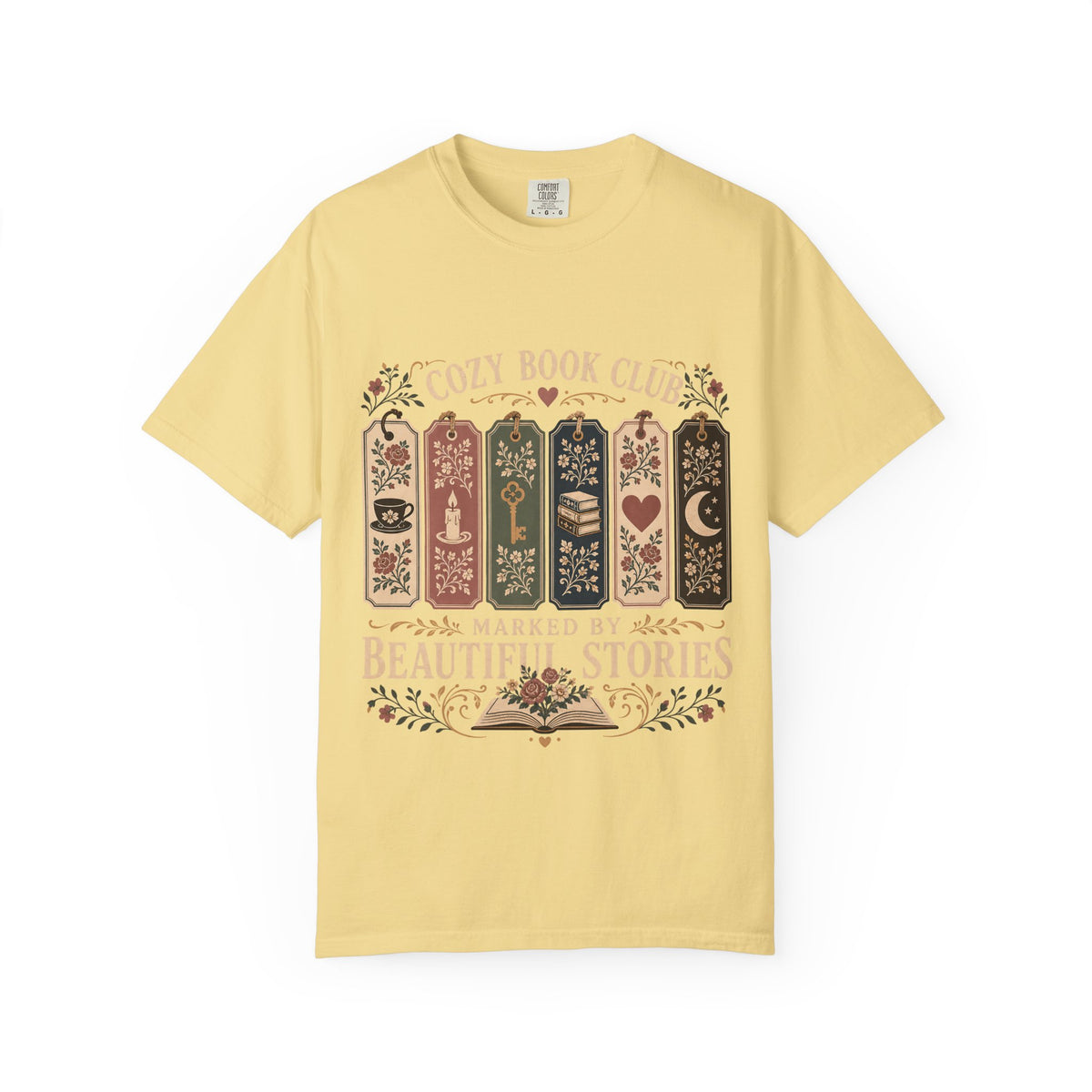 Marked by Beautiful Stories book club T-shirt in Butter featuring floral bookmarks, books and vintage reading motifs