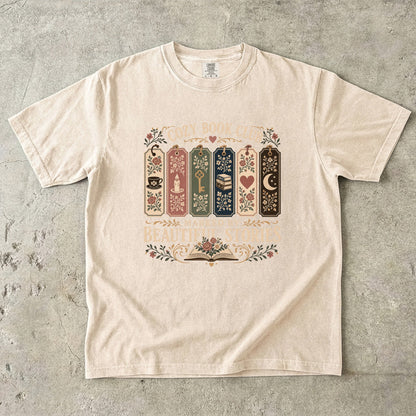 Marked by Beautiful Stories book club T-shirt in Ivory featuring floral bookmarks, books and vintage reading motifs
