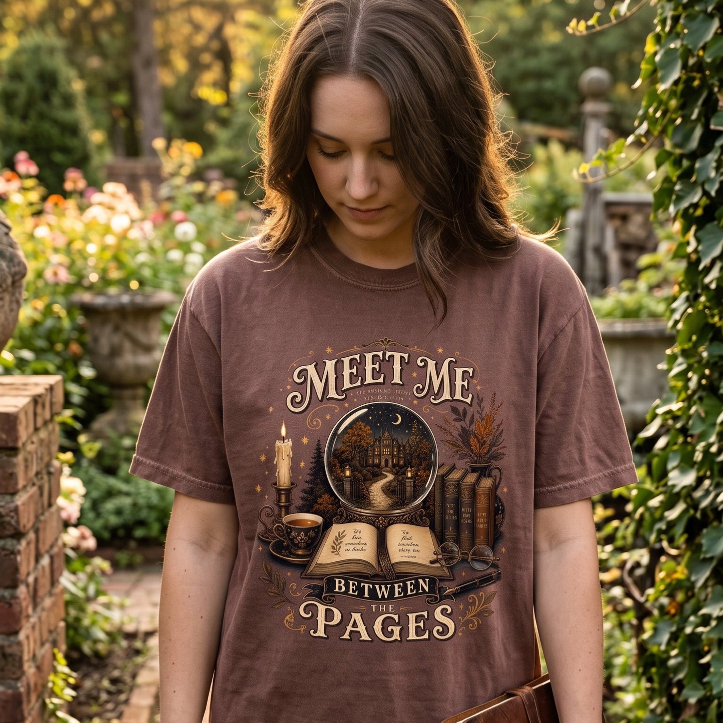 Reader wearing an Espresso Meet Me Between the Pages book lover T-shirt in a garden setting.