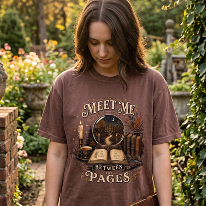 Reader wearing an Espresso Meet Me Between the Pages book lover T-shirt in a garden setting.