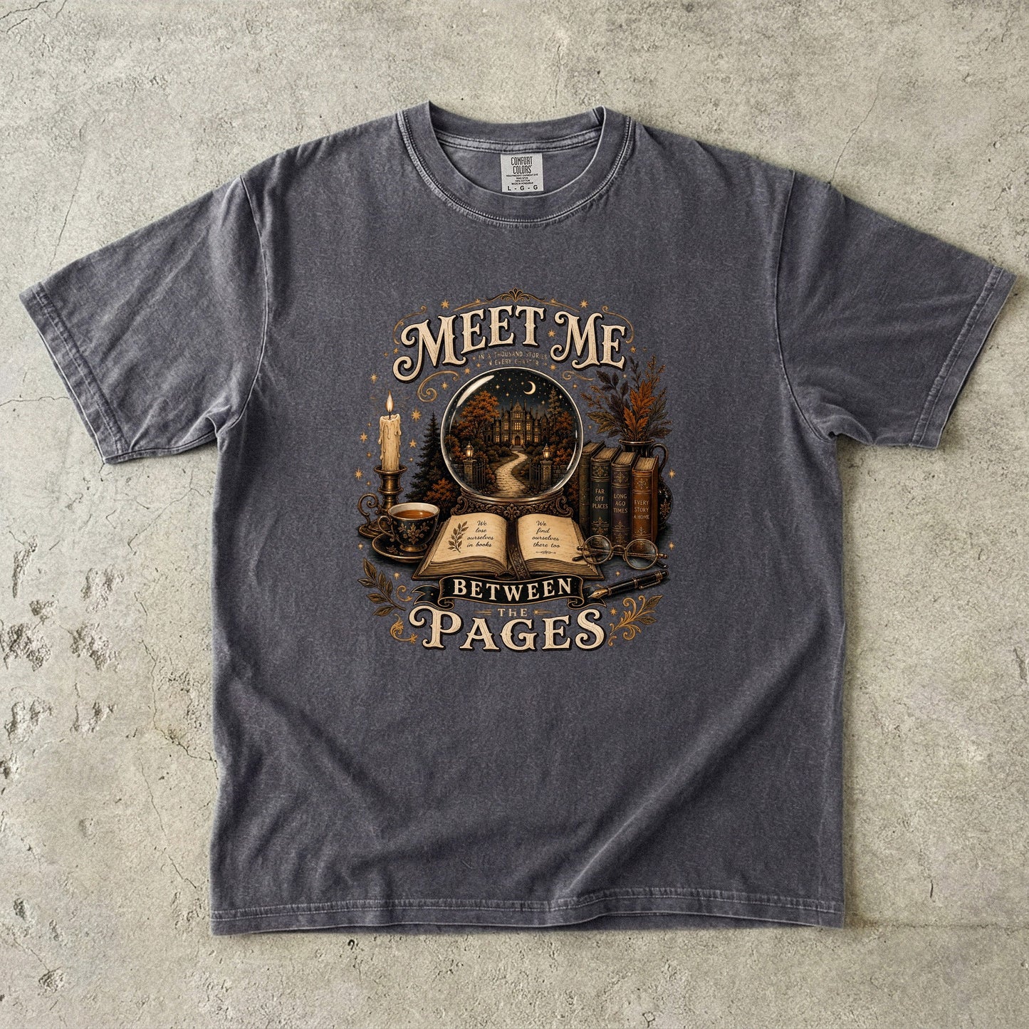 Pepper Comfort Colors book lover T-shirt featuring the Meet Me Between the Pages vintage reading design.