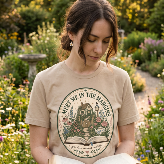 Woman wearing Meet Me in the Margins garden reader T-shirt while reading outdoors, featuring a cottage, flowers and open book design.