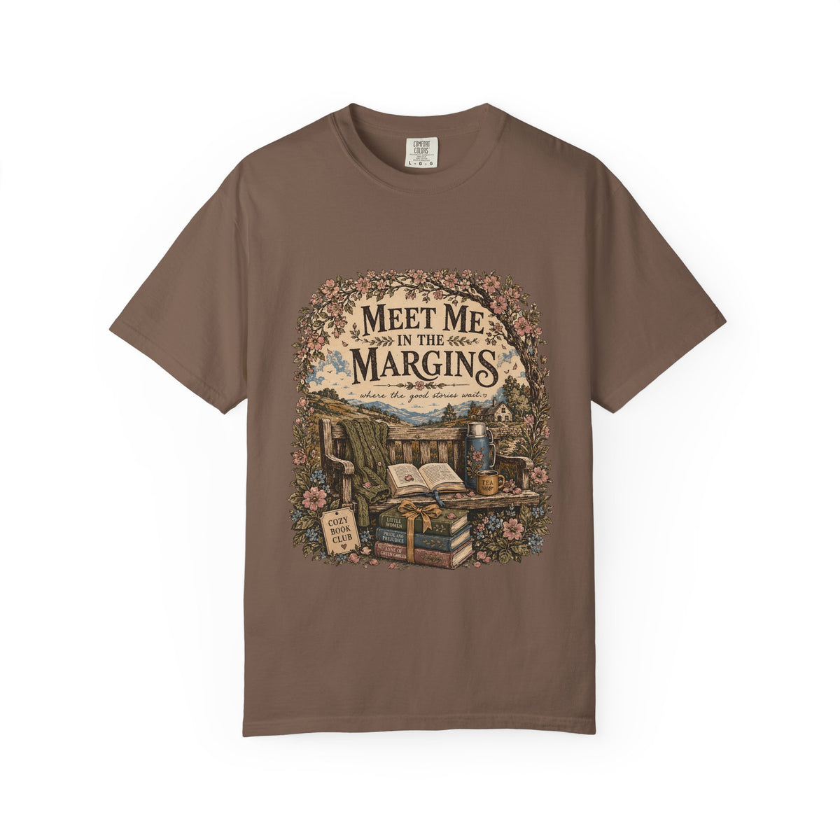 Meet Me in the Margins reading T-shirt featuring books, tea and a flower-framed countryside reading bench on Espresso.