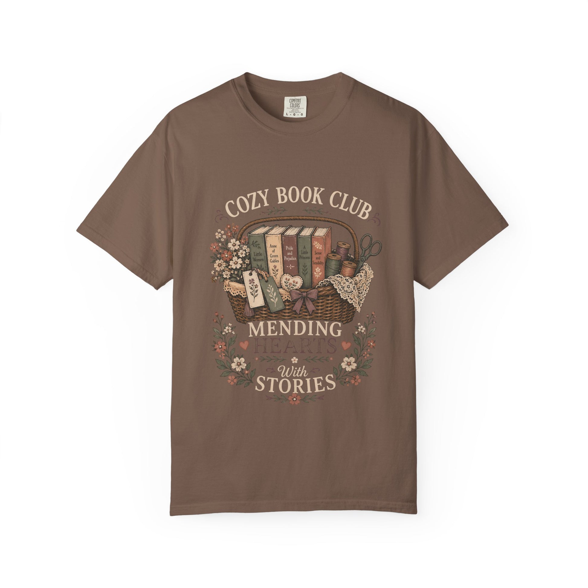 Mending Hearts With Stories book club T-shirt in Espresso featuring classic books, sewing notions, flowers and a woven basket