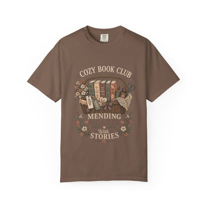 Mending Hearts With Stories book club T-shirt in Espresso featuring classic books, sewing notions, flowers and a woven basket