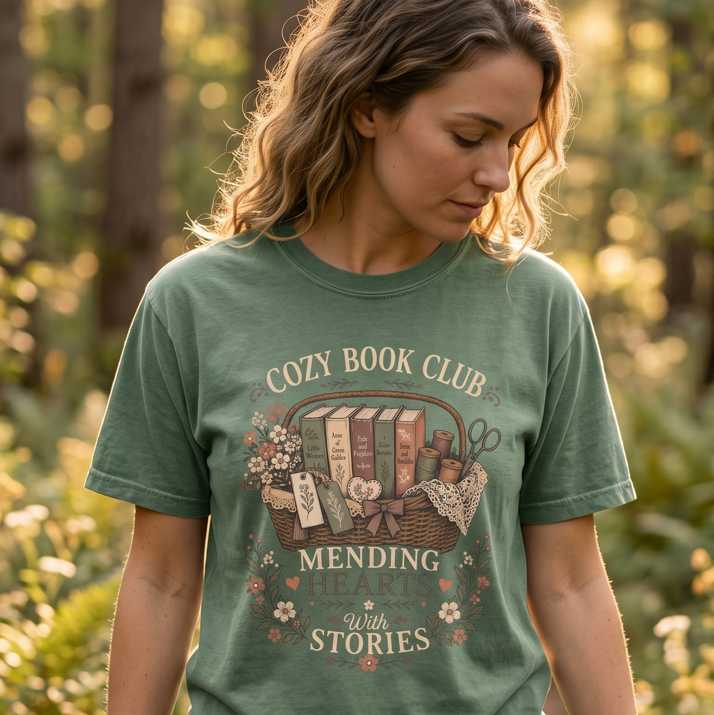 Mending Hearts With Stories book club T-shirt featuring classic books, sewing notions, flowers and a vintage woven basket
