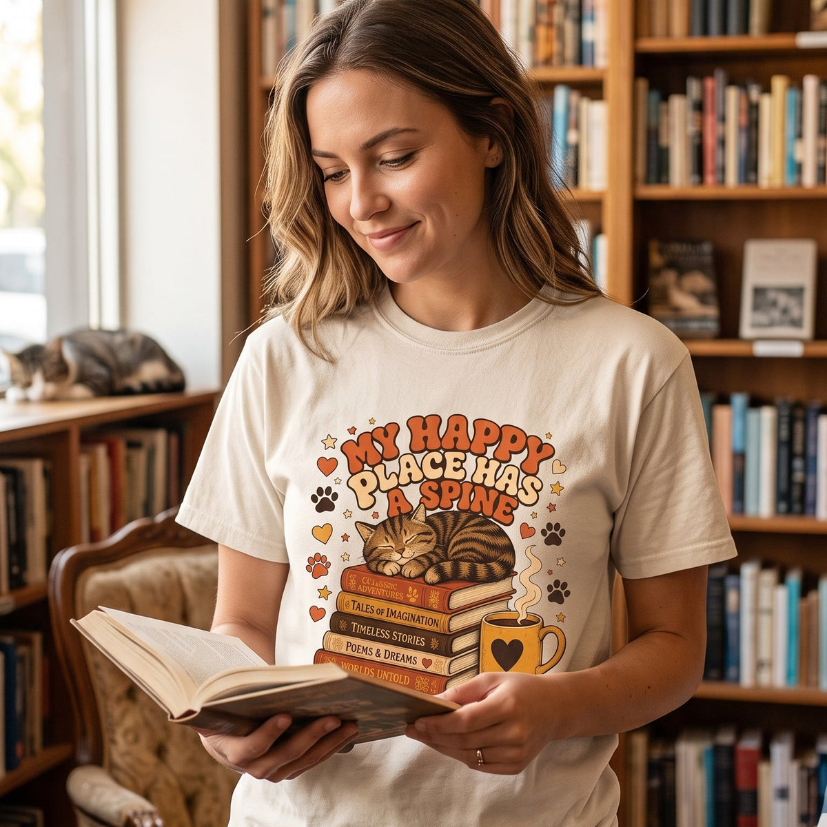 My Happy Place Has a Spine cat book lover T-shirt with a sleeping tabby, stacked books and steaming mug design.
