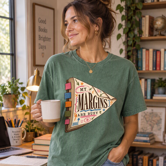 Reading T-shirt featuring “My Margins Are Busy” on a tabbed book with colourful annotations