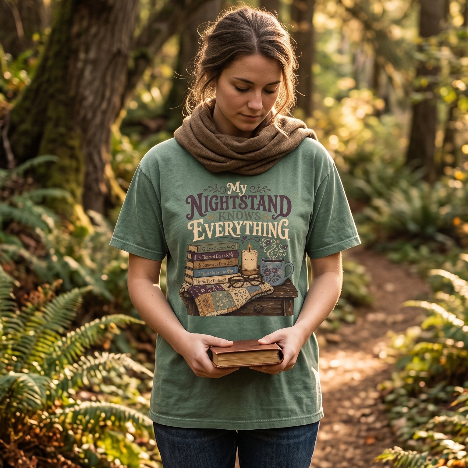 Person wearing the My Nightstand Knows Everything Book Lover T-Shirt in Seafoam while holding books on a woodland path.