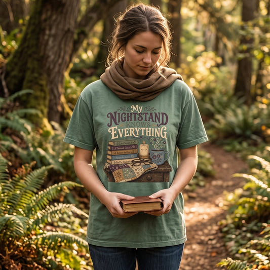 Person wearing the My Nightstand Knows Everything Book Lover T-Shirt in Seafoam while holding books on a woodland path.