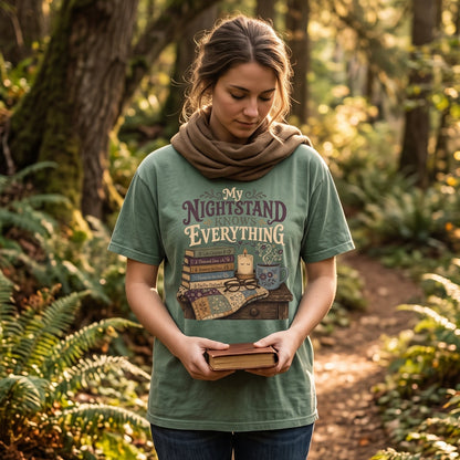 My Nightstand Knows Everything reading T-shirt featuring stacked books, glasses, a candle, floral mug and patchwork quilt