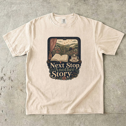 Next Stop, Another Story reading T-shirt in Ivory featuring a countryside steam train, open book and floral teacup