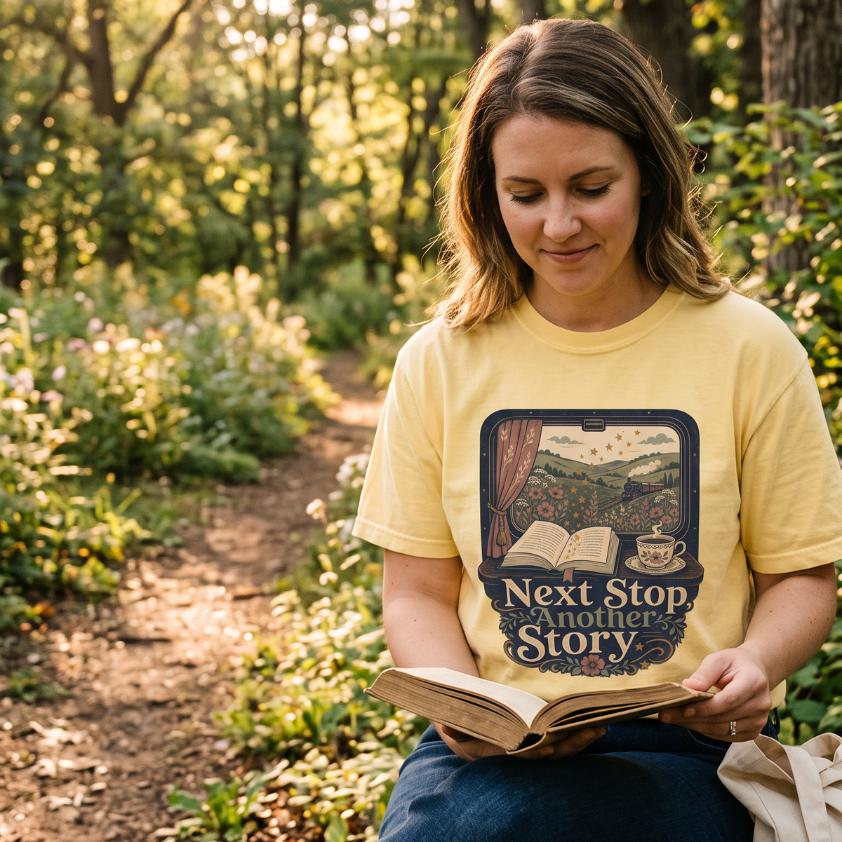Next Stop, Another Story reading T-shirt featuring a vintage train journey, open book, countryside flowers and teacup