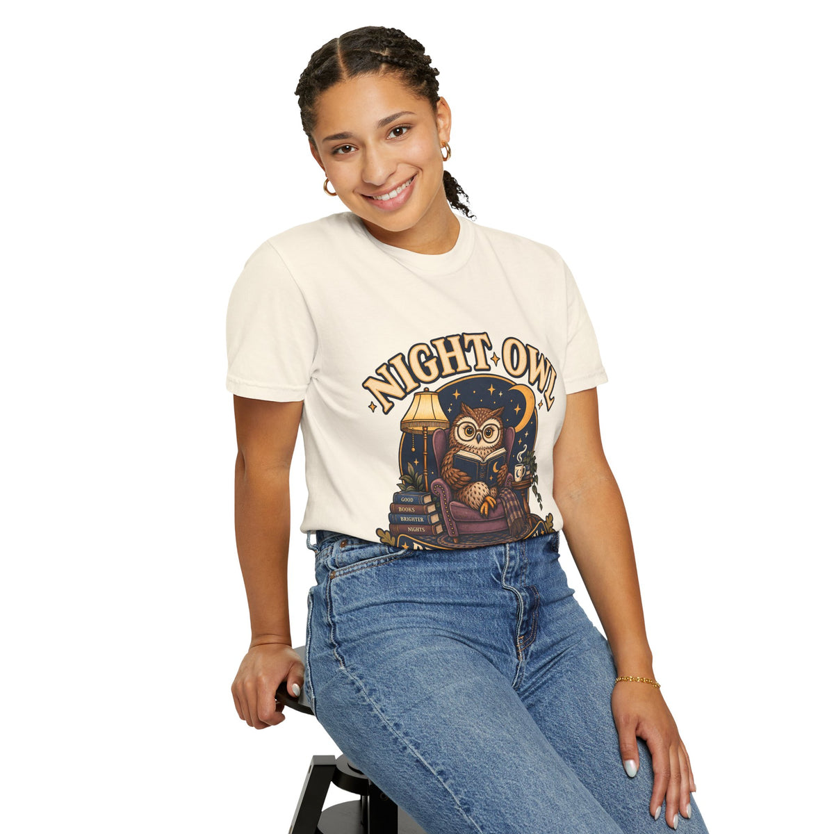 T-shirt featuring “Night Owl Reading Society” in a lifestyle presentation.