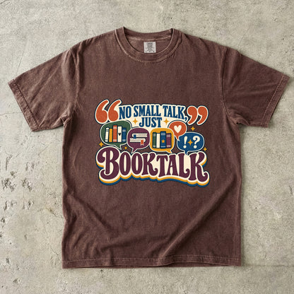 Espresso book lover T-shirt with “No Small Talk, Just Book Talk” and colourful book conversation bubbles