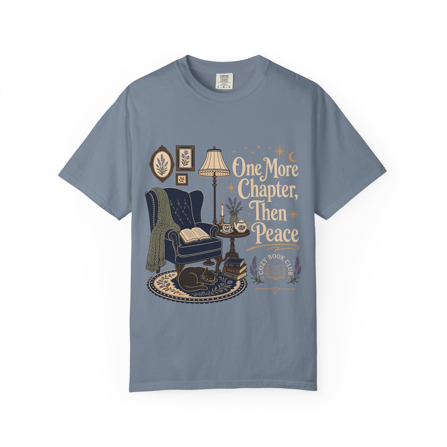 One More Chapter, Then Peace cozy reader T-shirt with vintage reading nook design on Blue Jean.