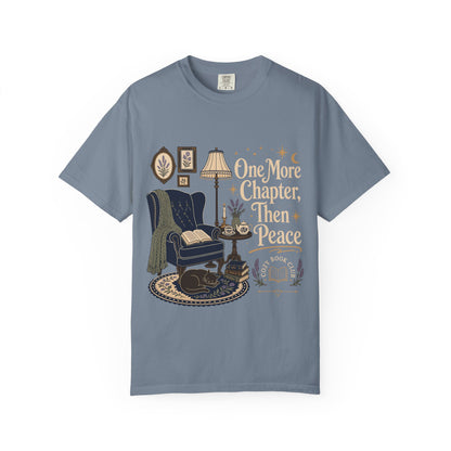 One More Chapter, Then Peace cozy reader T-shirt with vintage reading nook design on Blue Jean.