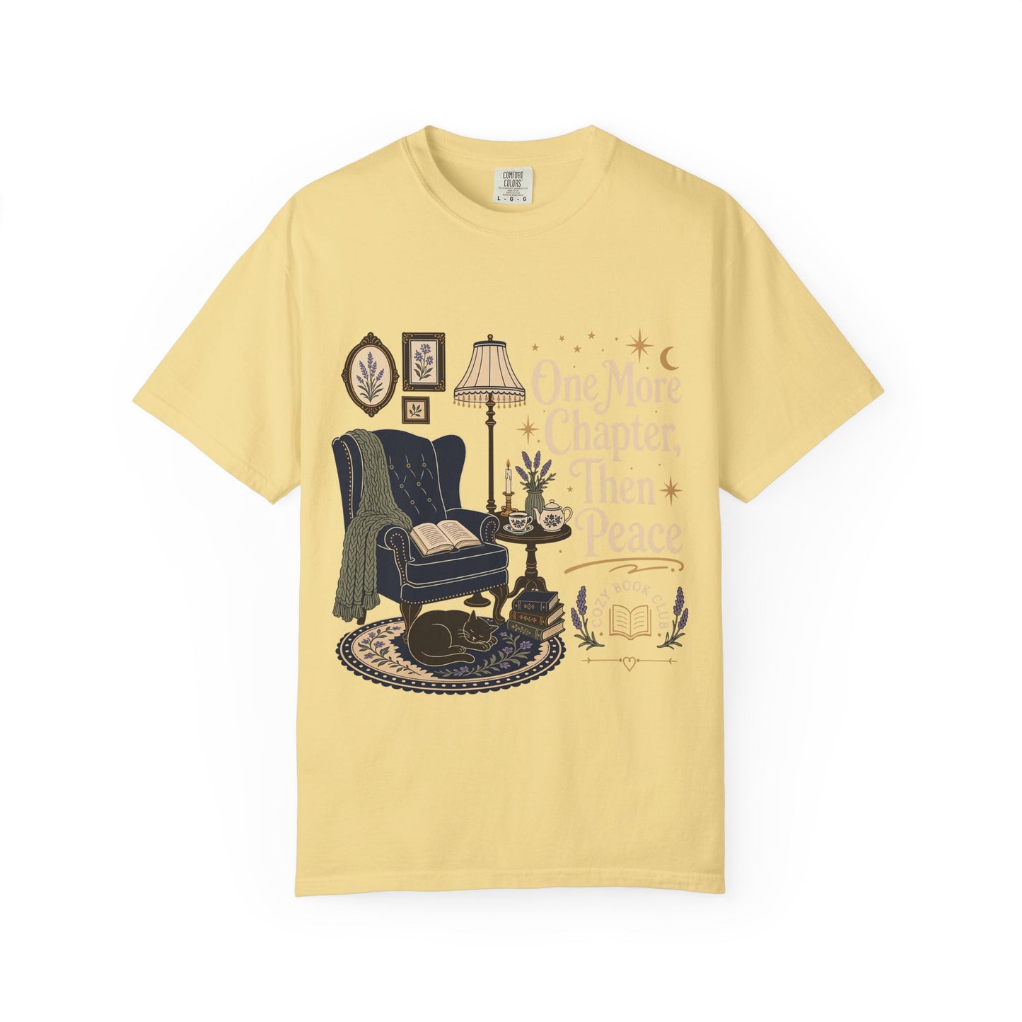One More Chapter, Then Peace cozy reader T-shirt with vintage reading nook design on Butter.