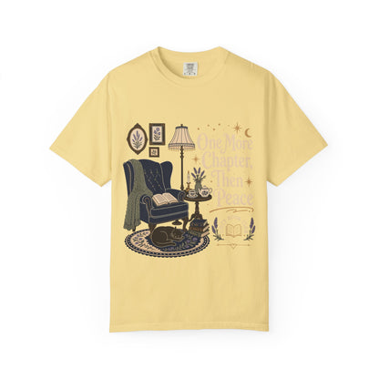 One More Chapter, Then Peace cozy reader T-shirt with vintage reading nook design on Butter.