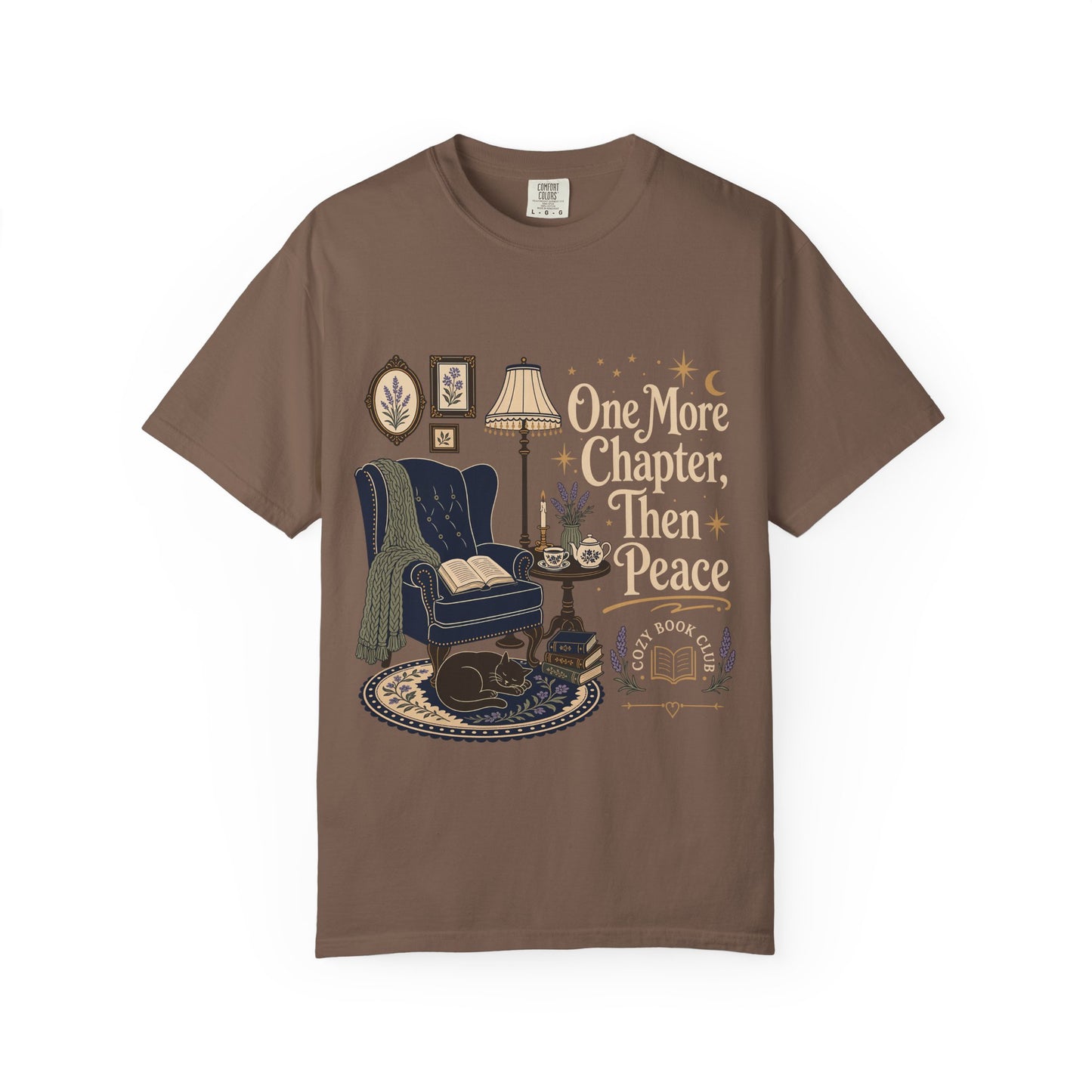One More Chapter, Then Peace cozy reader T-shirt with vintage reading nook design on Espresso.