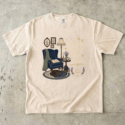 One More Chapter, Then Peace cozy reader T-shirt with vintage reading nook design on Ivory.