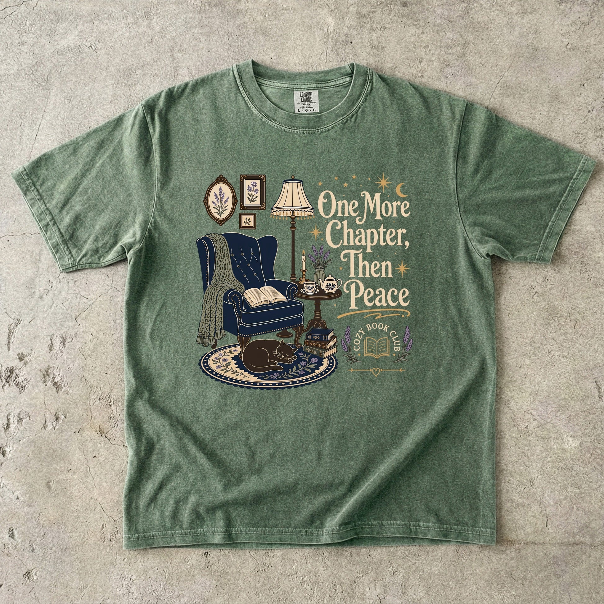 One More Chapter, Then Peace cozy reader T-shirt with vintage reading nook design on Moss.