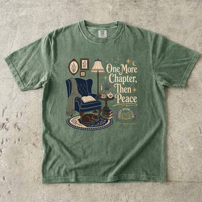 One More Chapter, Then Peace cozy reader T-shirt with vintage reading nook design on Moss.
