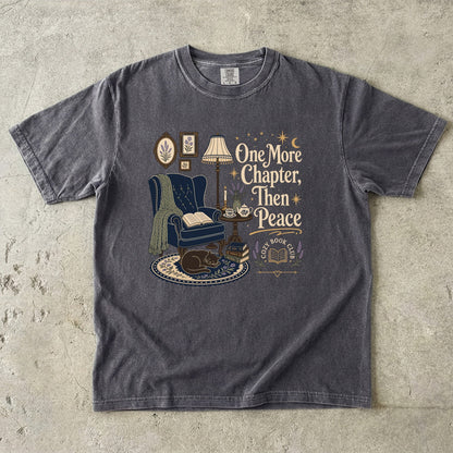 One More Chapter, Then Peace cozy reader T-shirt with vintage reading nook design on Pepper.