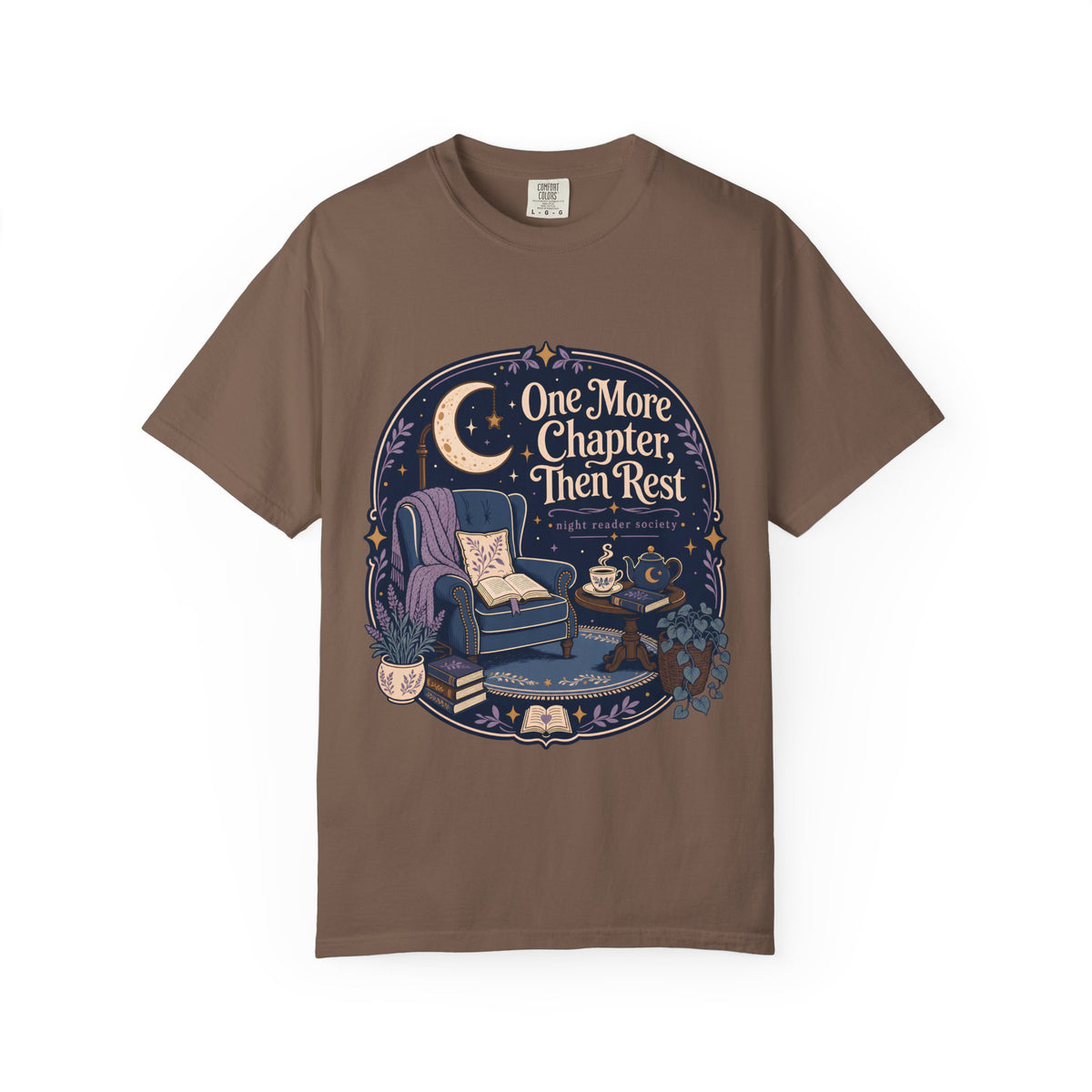 One More Chapter Then Rest night reader T-shirt with cozy armchair, open book, moon, teapot and botanical details on Espresso.