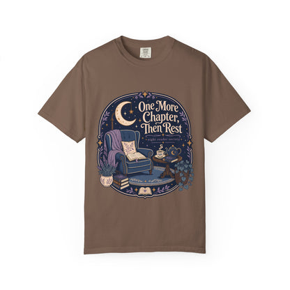 One More Chapter Then Rest night reader T-shirt with cozy armchair, open book, moon, teapot and botanical details on Espresso.