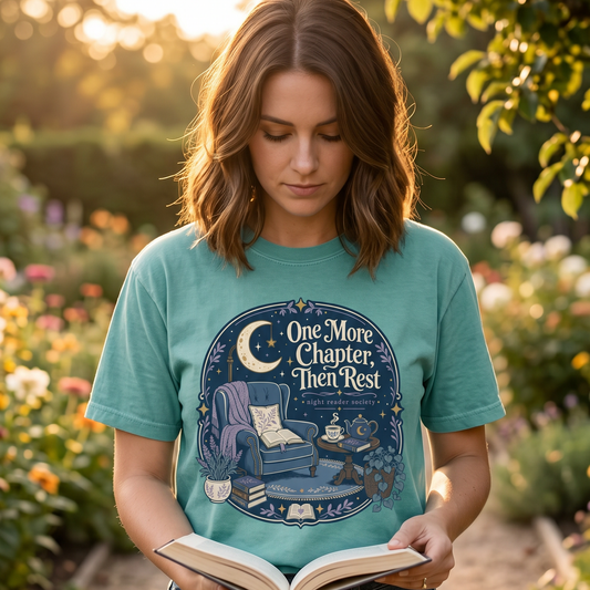 Alt Text
Woman wearing the One More Chapter Then Rest night reader T-shirt while reading a book outdoors.

Note: Lifestyle image garment colour is for presentation only and is not a sold product colour.